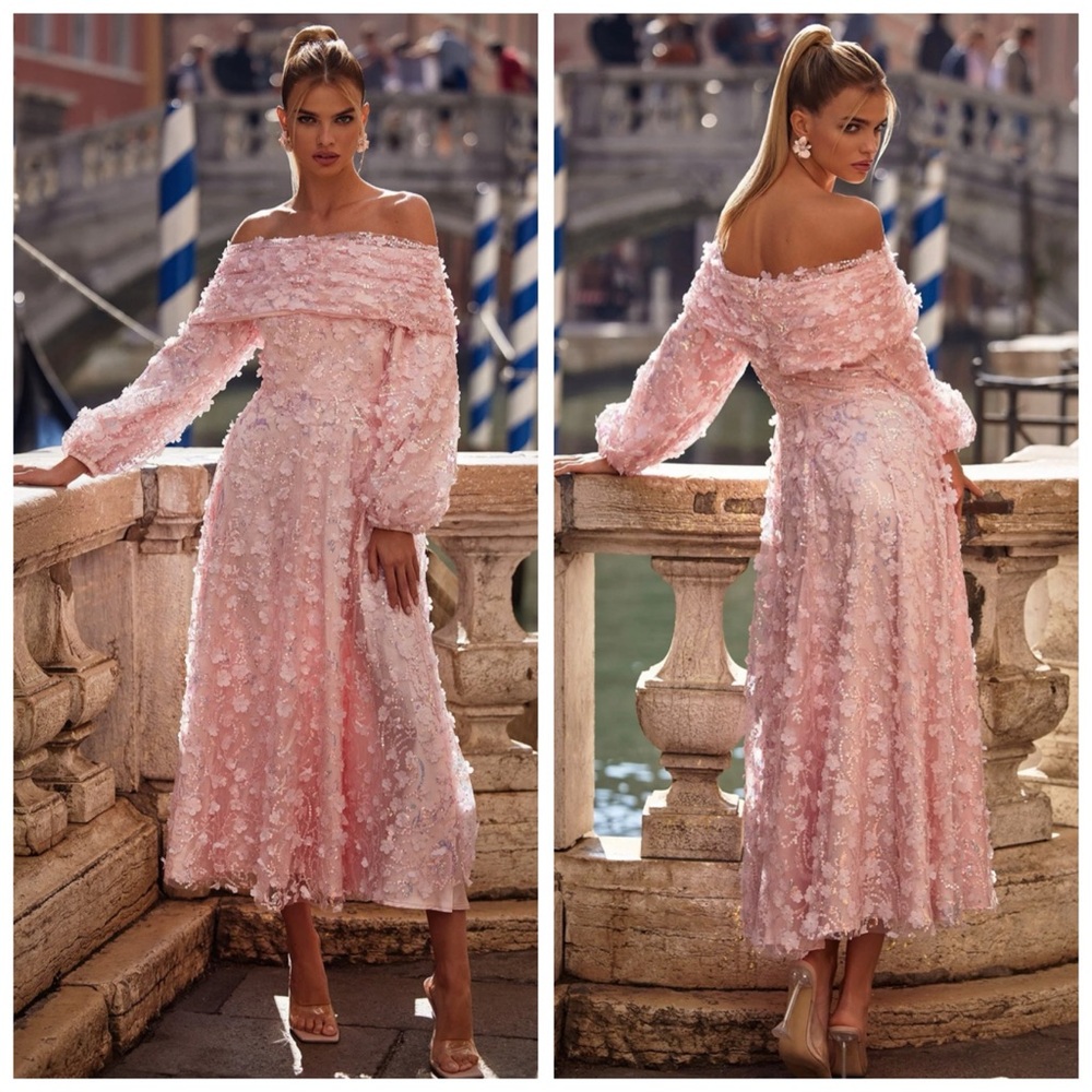 Alamour The Label Noorain Pink Floral Sequin Dress Off The Shoulder